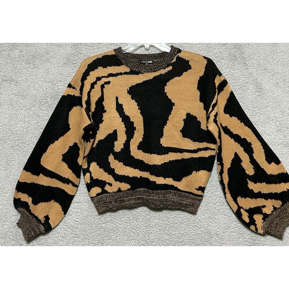 Fashion Nova Sweater Cropped Puff Sleeve Women Sz Small Tiger Animal Pattern